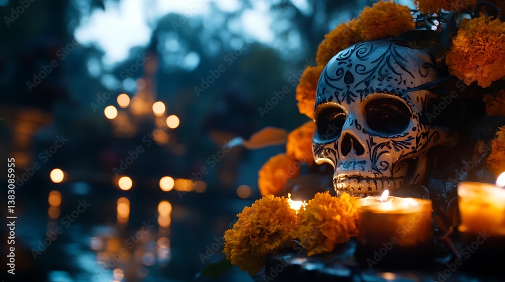 Dia de los Muertos: A Commemorative Skull Adorned with Marigolds and Candles Dia de los Muertos: A Commemorative Skull Adorned with Marigolds and Candles