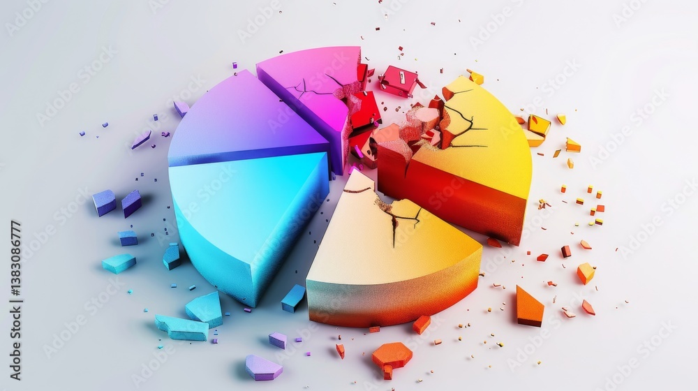 A bold, dynamic D pie chart with split parts and exploding parts, highlighting different business categories A bold, dynamic D pie chart with split parts and exploding parts, highlighting different business categories