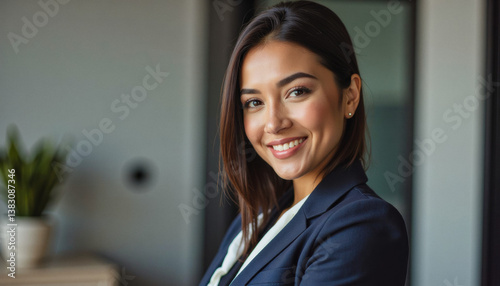 Modern portrait headshot of a friendly ceo executive business worker: A smiling businesswoman with dark hair and a warm expression confidently poses in a modern office setting, wearing a dark blue b Free Download Modern portrait headshot of a friendly ceo executive business worker: A smiling businesswoman with dark hair and a warm expression confidently poses in a modern office setting, wearing a dark blue b - GFXLoad