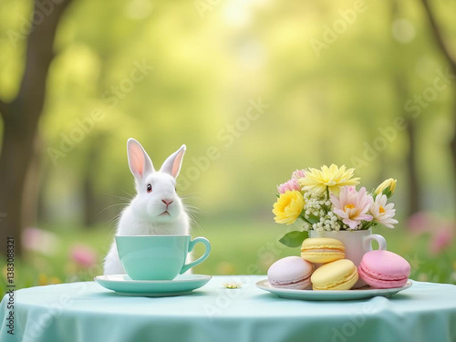 A charming outdoor Easter brunch scene with a curious white rabbit