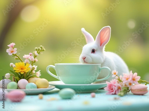 A charming outdoor Easter brunch scene with a curious white rabbit