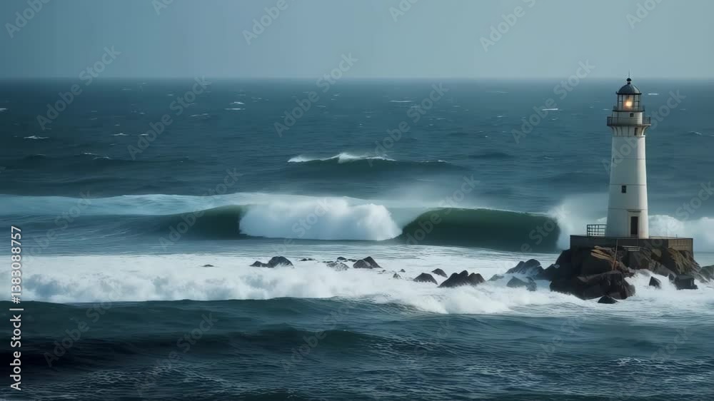 Majestic Lighthouse withstanding Powerful Ocean Waves during a Storm Majestic Lighthouse withstanding Powerful Ocean Waves during a Storm