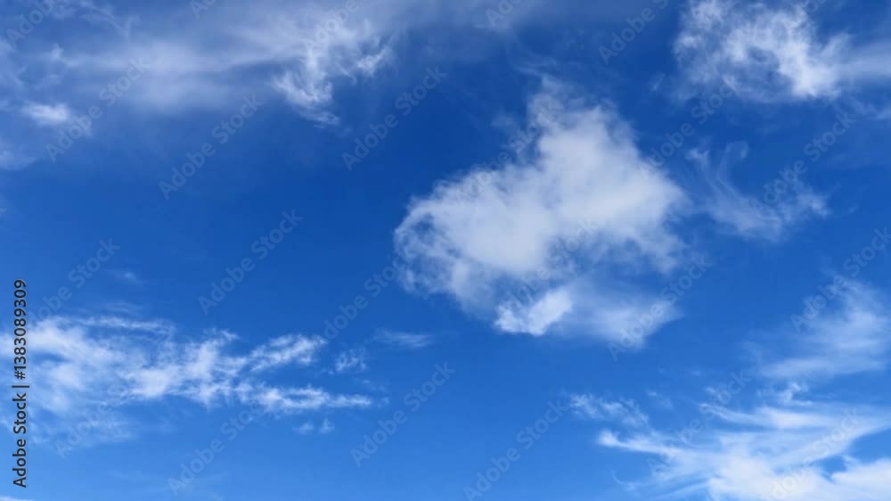 Beautiful sunny clear dark blue sky with white fluffy cloud n cumulus cloudscape in tropical summer sunlight n sun ray at daylight sunshine day, Nature 4k TimeLapse stop motion background   