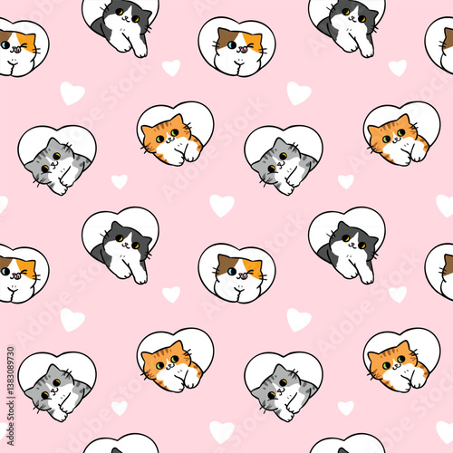 Seamless Pattern with Cartoon Cat and Heart Design on Light Pink Background. Hand Drawn Vector Illustration.