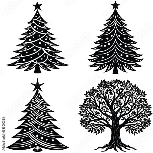 A festive set of vector Christmas trees in a snowy winter forest with pine and fir trees, celebrating the holiday season