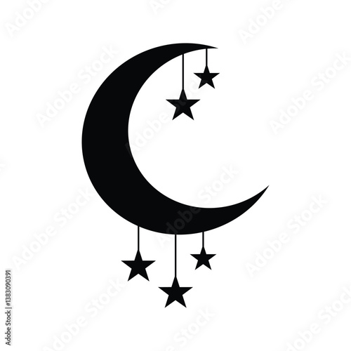 A black crescent moon with stars from it