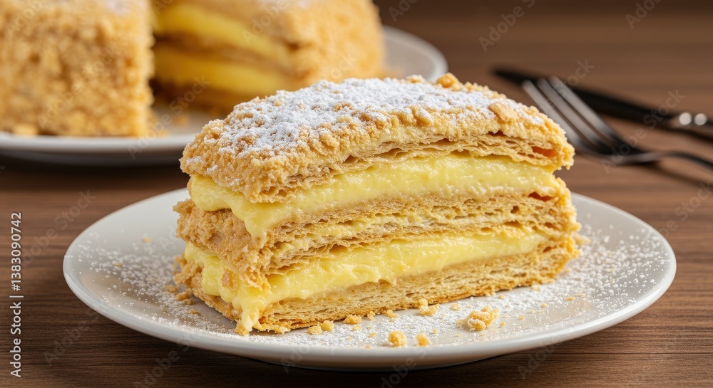 Enjoying a delicious slice of Napoleon cake on a rustic wooden table Enjoying a delicious slice of Napoleon cake on a rustic wooden table
