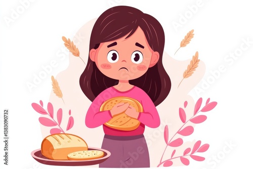 Young girl with celiac disease feeling sad about bread and stomach discomfort
