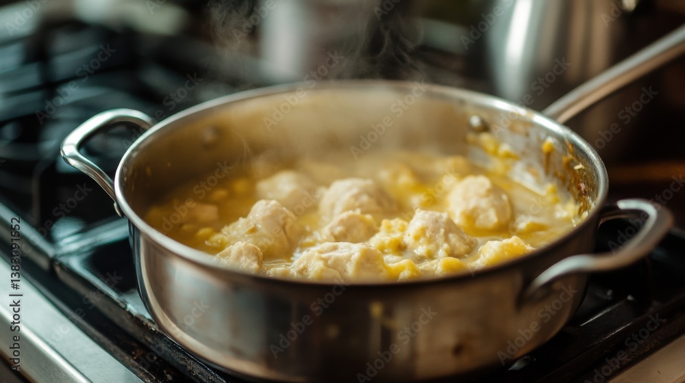 A close-up shot shows a silver pot with a creamy yellow stew and light-colored dumplings, steaming on a gas stovetop, a warm, comforting dish. A close-up shot shows a silver pot with a creamy yellow stew and light-colored dumplings, steaming on a gas stovetop, a warm, comforting dish.