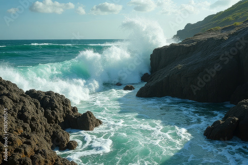 The image shows a rocky beach with waves crashing on the rocks