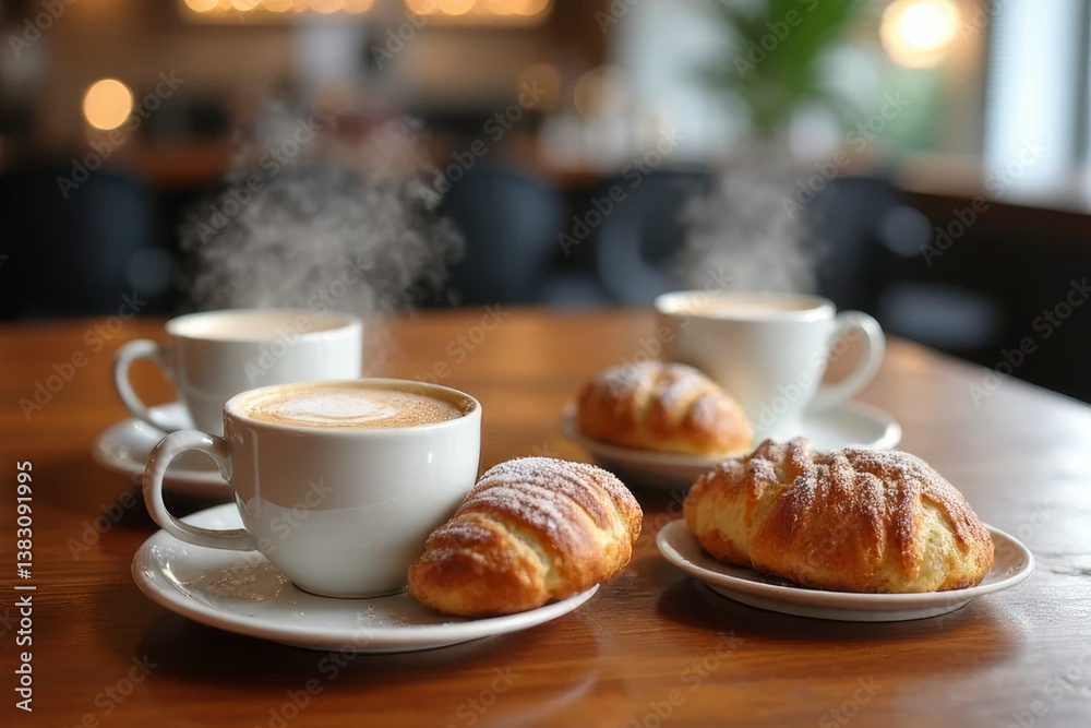 The image shows a wooden table with two cups of coffee and pastries on it. The cups are filled with a steaming hot beverage The image shows a wooden table with two cups of coffee and pastries on it. The cups are filled with a steaming hot beverage
