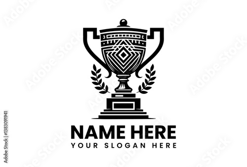Stylized Trophy Cup with Laurel Wreath Vector Graphic. Modern Award Design