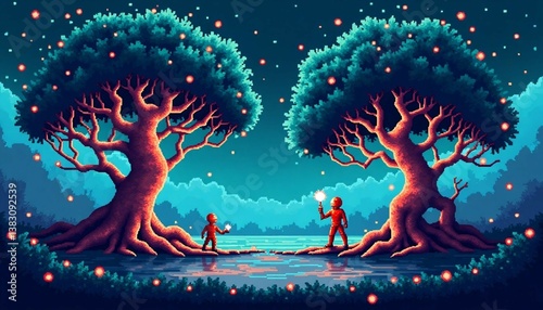 Trees, glowing circuits, robotic creatures, 8-bit, landscape, arcade video game, pixel art, level background, vector landscape