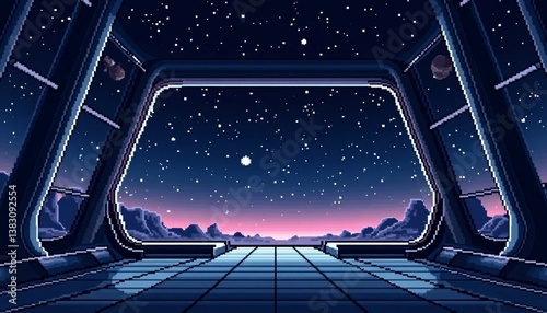 Sleek minimalist space station, panoramic windows, starry space, 8-bit, landscape, arcade video game, pixel art, level background, vector landscape