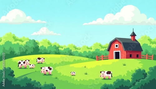 Cheerful countryside, rolling green fields, red barn, grazing livestock, pixel charm, 8-bit, landscape, arcade video game, pixel art, level background, vector landscape