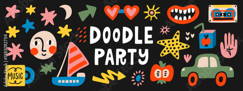 Cute colored cartoon doodles and abstract elements. Hand-drawn vector set. Illustration elements for decor, pattern, poster, card or sticker design.