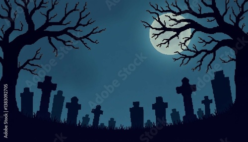 Spooky cemetery, crooked tombstones, gnarled trees, faint mist, 8-bit, landscape, arcade video game, pixel art, level background, vector landscape