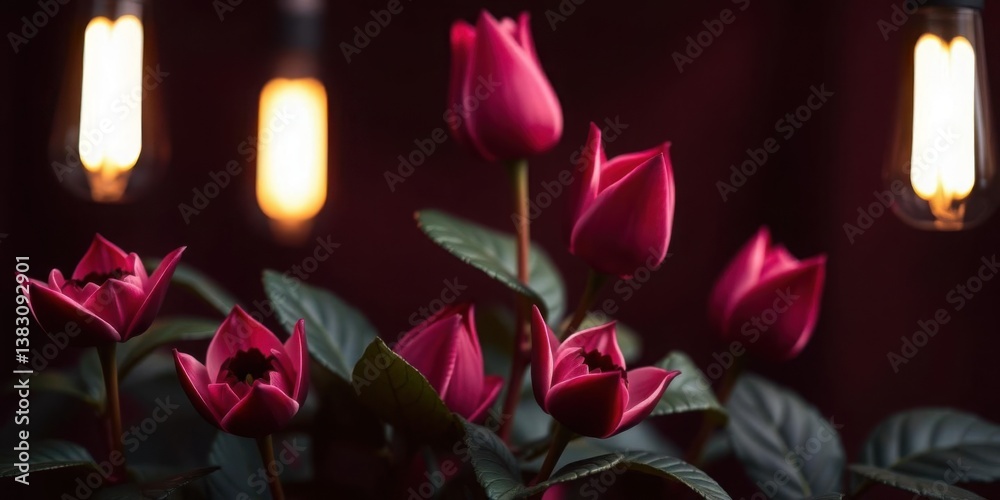 Obraz premium Dark Red Flowers Illuminated by Edison Bulbs Romantic Still Life