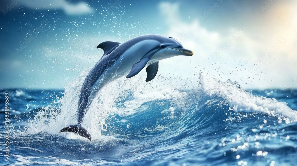 Fototapeta premium A dolphin is leaping out of the water, creating a splash