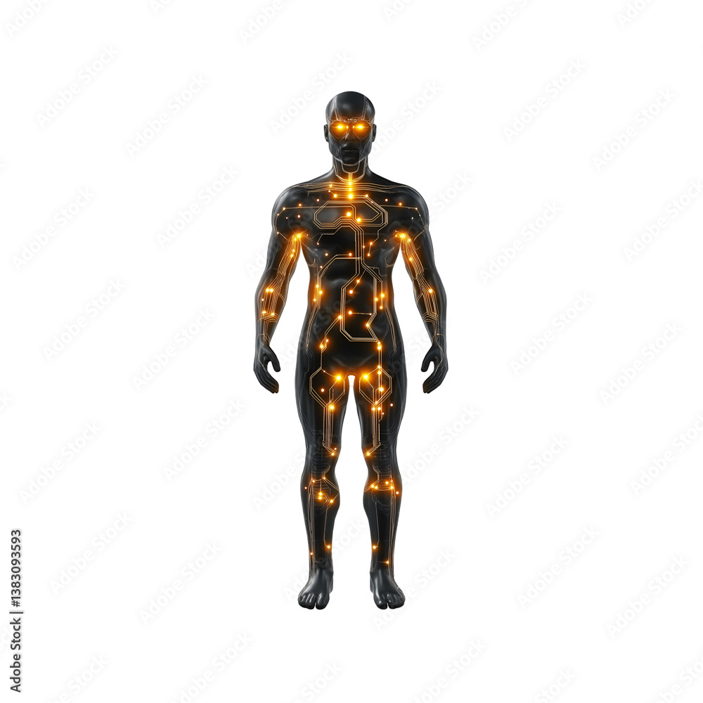 Standing Figure with Circuitry Glowing Brightly on a White or Transparent Background. Futuristic Fashion and Cyber Style Concept Standing Figure with Circuitry Glowing Brightly on a White or Transparent Background. Futuristic Fashion and Cyber Style Concept