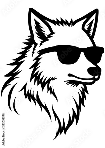A black and white vector illustration of a wolf with sunglasses, perfect for engraving, laser cutting, printing, and creative projects.