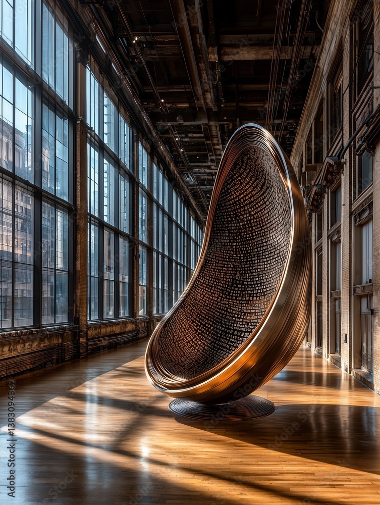 Obraz premium Sculptural chair illuminated by sunlight in an industrial space.
