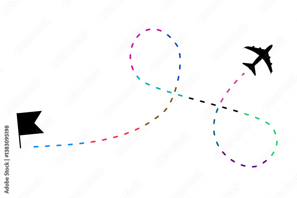 Naklejka premium A colorful flat airplane route symbol is isolated on a transparent background. For web, infographics, signs, or app design. Plane route lines of aircraft tracking, location map pins, planes, travel.