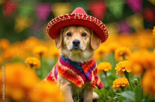 Dog in sombrero and serape poncho sitting in marigold field for Cinco de Mayo