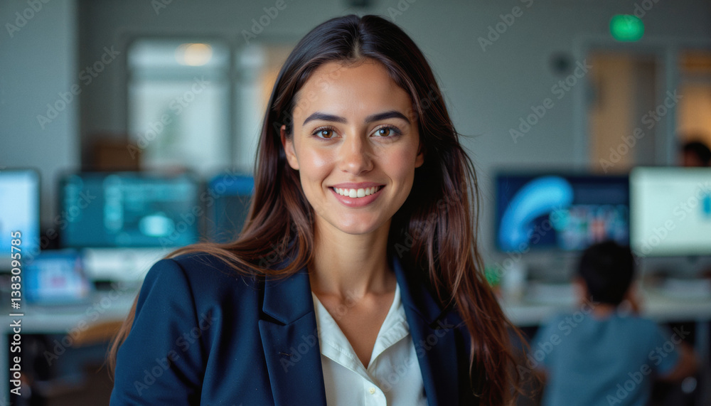 Fototapeta premium Modern portrait headshot of a friendly ceo executive business worker: A smiling young woman with long dark hair, wearing a white blouse and navy blazer, confidently looks at the camera in a modern o