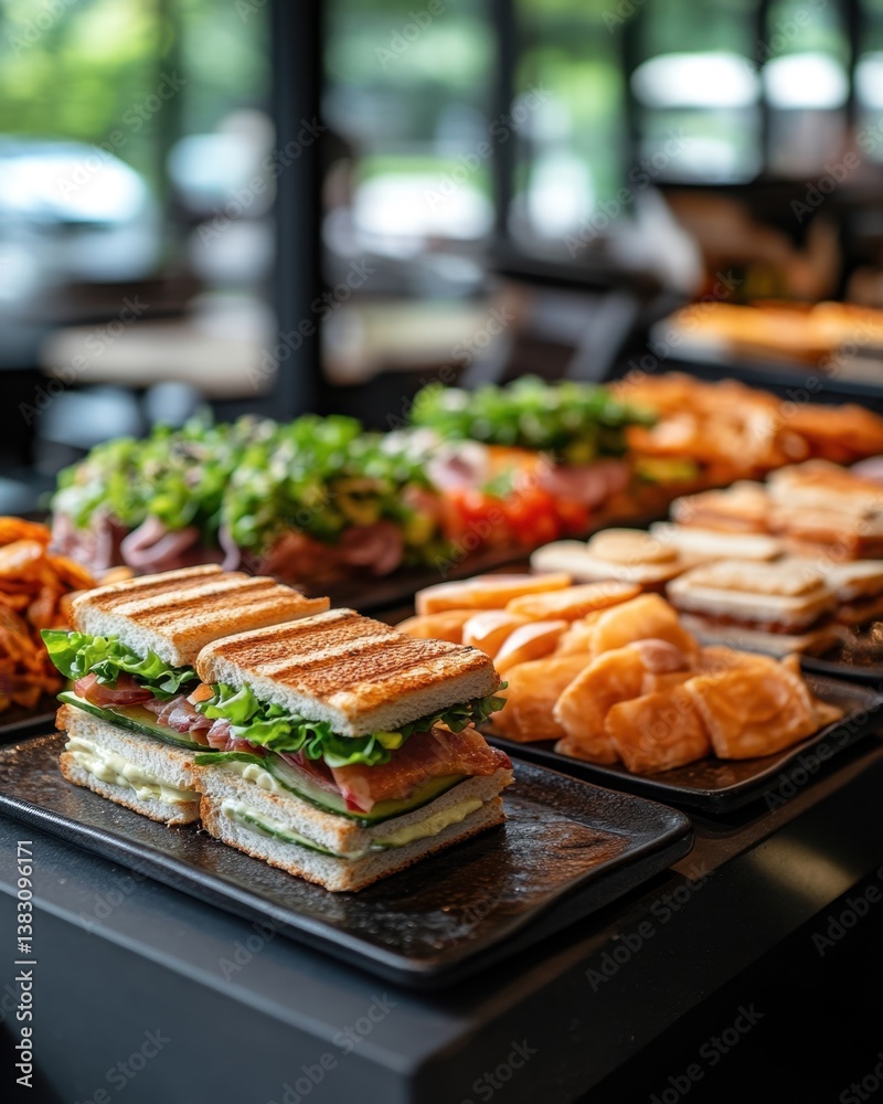 Fototapeta premium Delicious gourmet sandwiches artfully displayed on a buffet table offering a culinary experience with fresh ingredients and a modern presentation