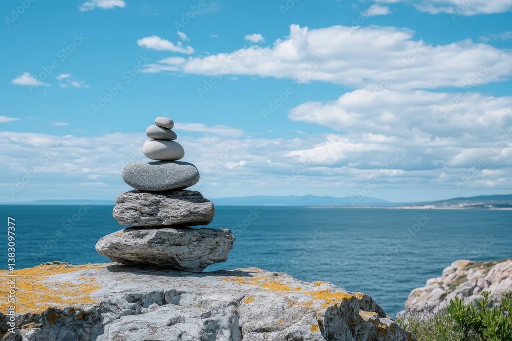 A neatly arranged pile of rocks stacked one atop another on a beach A neatly arranged pile of rocks stacked one atop another on a beach