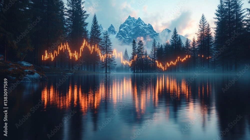 Fototapeta premium Candlestick Chart Reflected in a Serene Mountain Lake