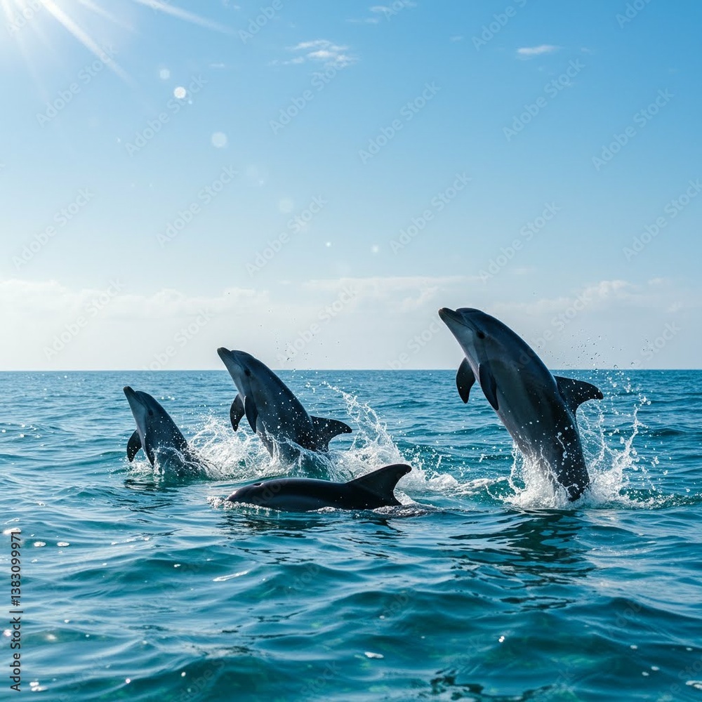Fototapeta premium Dolphins are swimming in the water, creating splashes and gentle waves.