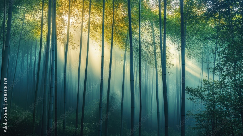 Naklejka premium A misty bamboo forest with soft sunlight.
