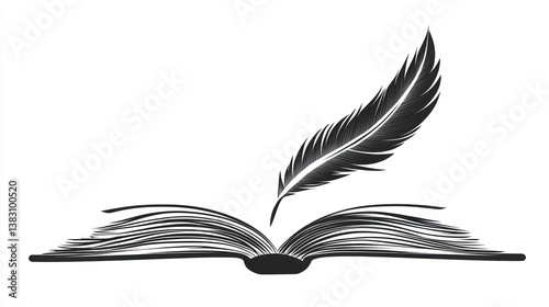 Feather rests on an open book creativity, learning, writing, storytelling tool