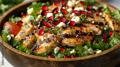 Grilled Chicken Salad with Pomegranate Seeds and Mixed Greens