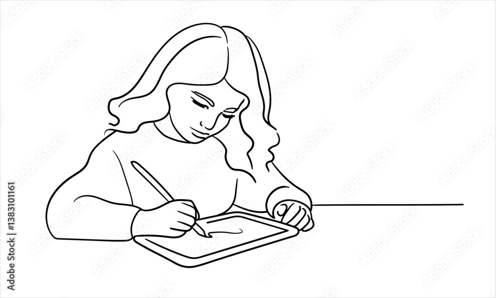 Girl draws on paper, continious line drawing.
Student, hobby, drawing. Vector illustration Girl draws on paper, continious line drawing.
Student, hobby, drawing. Vector illustration