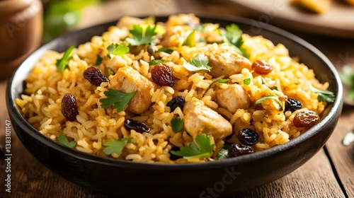 Delicious rice dish with chicken, raisins and herbs, served in a black bowl on a wooden table. Aromatic and flavorful meal.