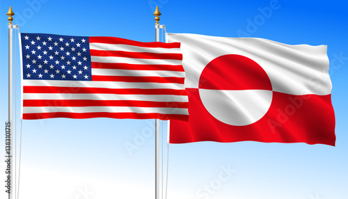 United States vs Greenland, waving flags on a sky blue background, vector illustration