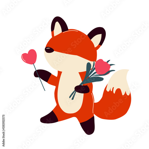 cute fox holding flower and heart lollipop