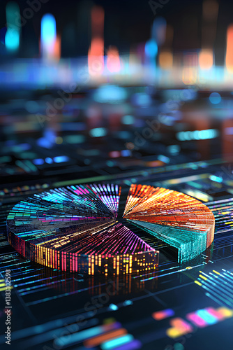 High-resolution 3D pie chart with rich colors and reflections on a futuristic digital background for business data analysis  
