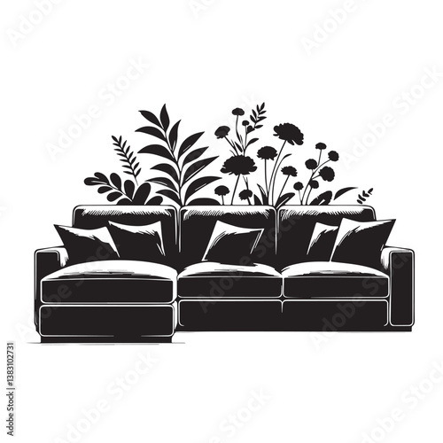 Black Color Sectional Sofa Silhouette Vector Illustration, Solid White Background