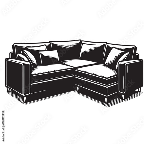 Black Color Sectional Sofa Silhouette Vector Illustration, Solid White Background