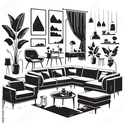 Black Color Sectional Sofa Silhouette Vector Illustration, Solid White Background