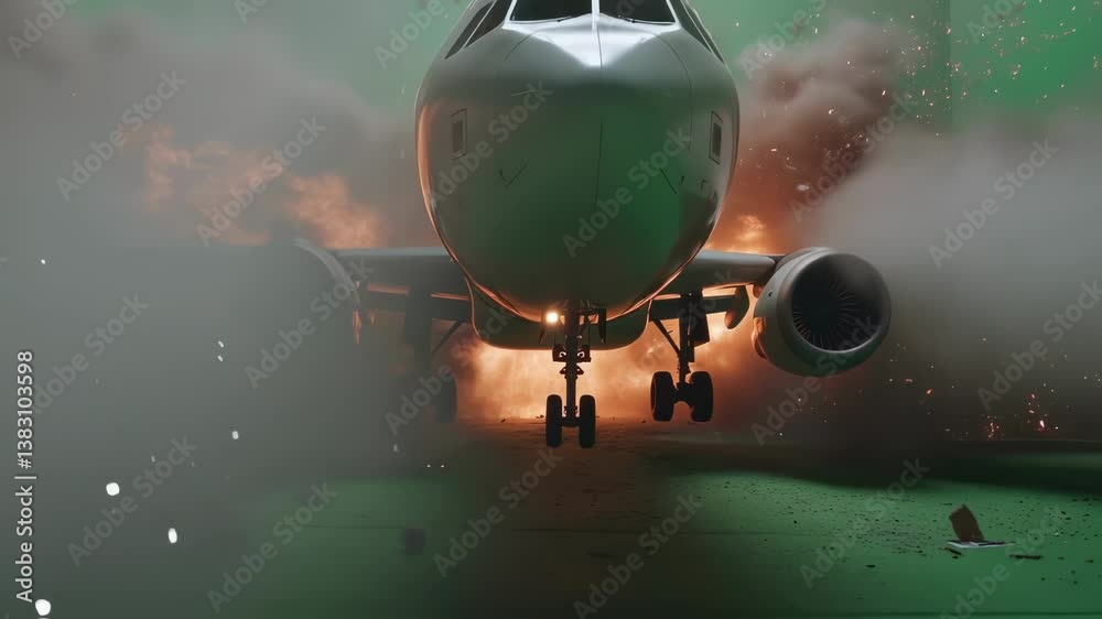White passenger airplane crashing on the ground with fire and smoke explosions on a green screen background, perfect for visual effects and compositing