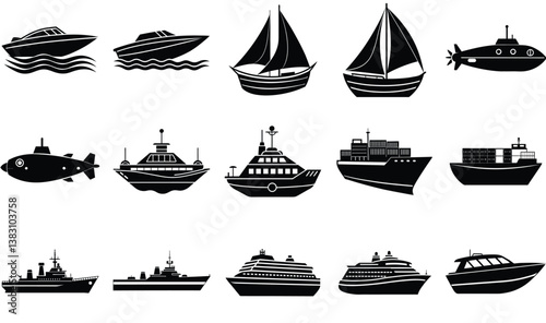 Collection of various boats and ships in silhouette Ocean Icons for World Oceans Day