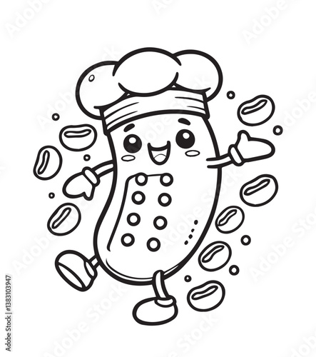 Coloring book  chef bean wearing a toque and chef's coat with button details, surrounded by floating bean shapes