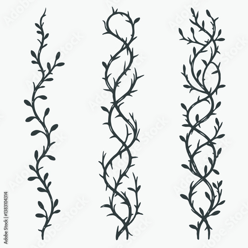 Set of twigs, branches of leaves. Seamless doodle floral pattern. Hand drawn Botanical drawing. Detailed line art of twigs and thorns vine illustration. Outline Simple Stylized Art