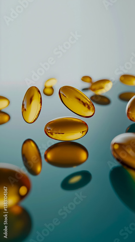 A group of fish oil capsules floating on a blue surface photo