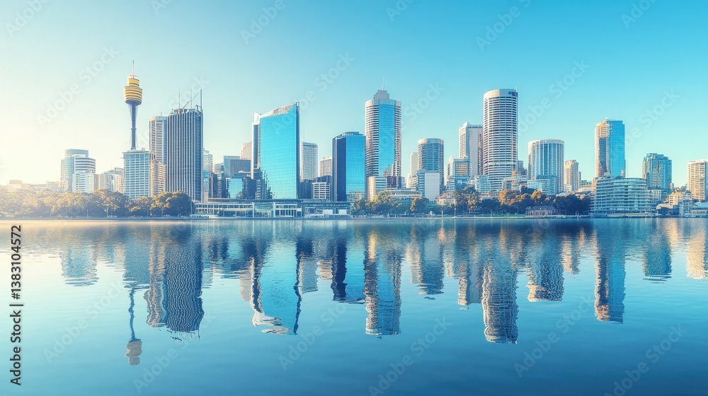 Fototapeta premium A modern city skyline reflected in water.